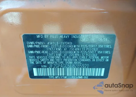 2014 Subaru Xv Crosstrek 2.0I Limited z USA, uszkodzony, nr VIN JF2GPAGC5E8285921